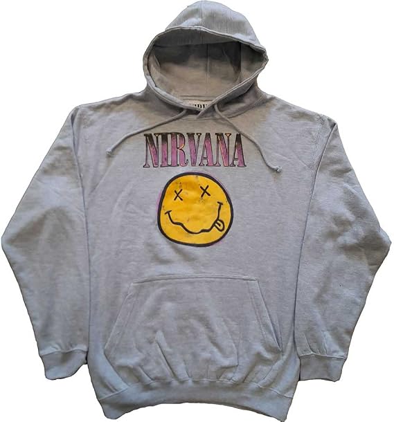 Nirvana Hoodie Smiley Pink Band Logo Official Unisex Grey Pullover