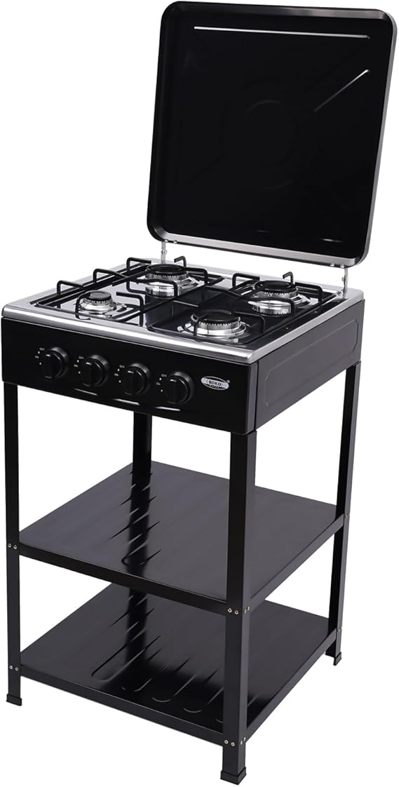 4-Burner BBQ Gas Grill, Steel Silver Outdoor Portable Camp Stove with 2 Tiers Stand & Legs, Wind Blocking Cover Adapter Manual Ignition Gas Stove for Backyard, Camping or Picnicking (Black,4)