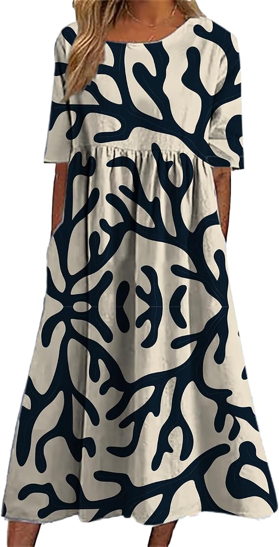 2025 Summer Boho Floral Dresses for Women Casual Loose Short Sleeve Midi Dress Cotton Tshirt Dress with Pockets