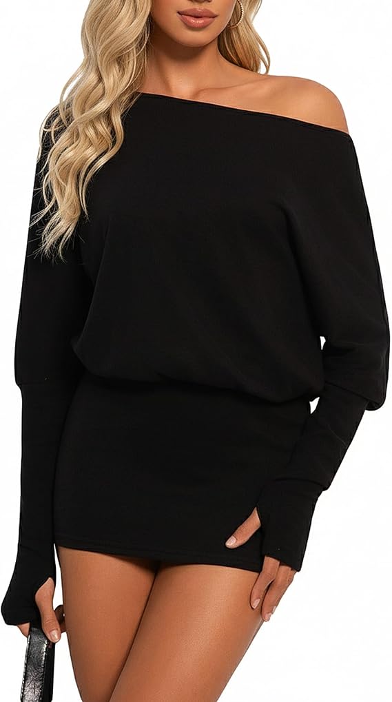 Womens Long Sleeve Off Shoulder Mini Dress Y2k Batwing Bodycon Dress Party Going Out Dresses