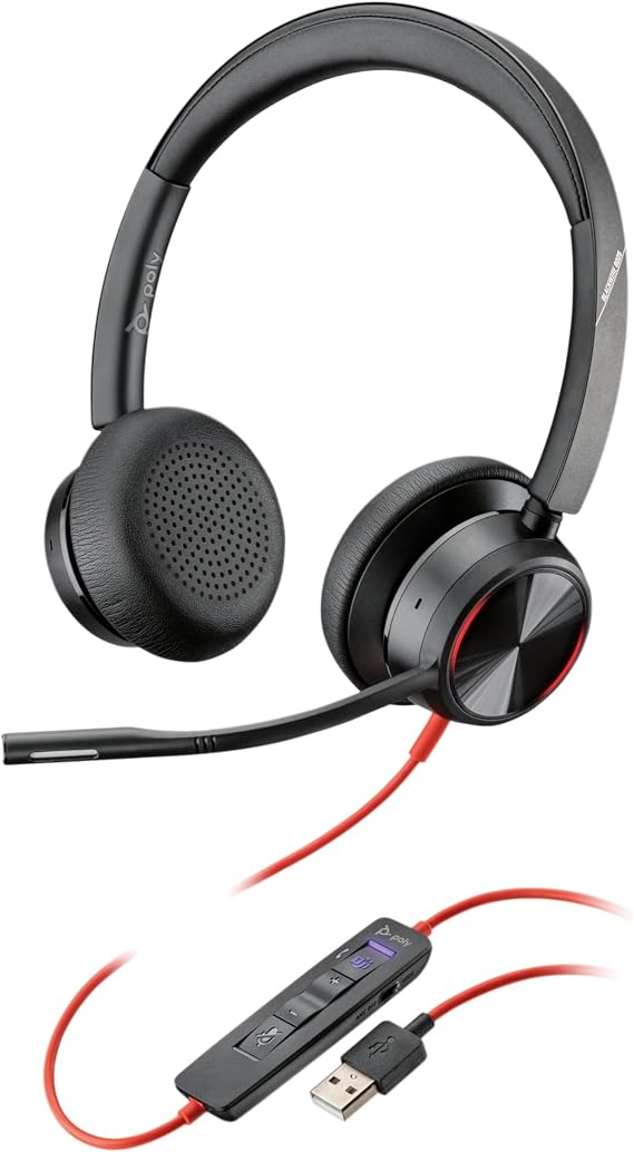 Poly - Blackwire 8225 Wired Headset with Boom Mic (Plantronics) - Dual-Ear (Stereo) Computer-Headset, USB-A to Connect to your PC/Mac, Active Noise Canceling, Works with Teams (Certified), Zoom & more