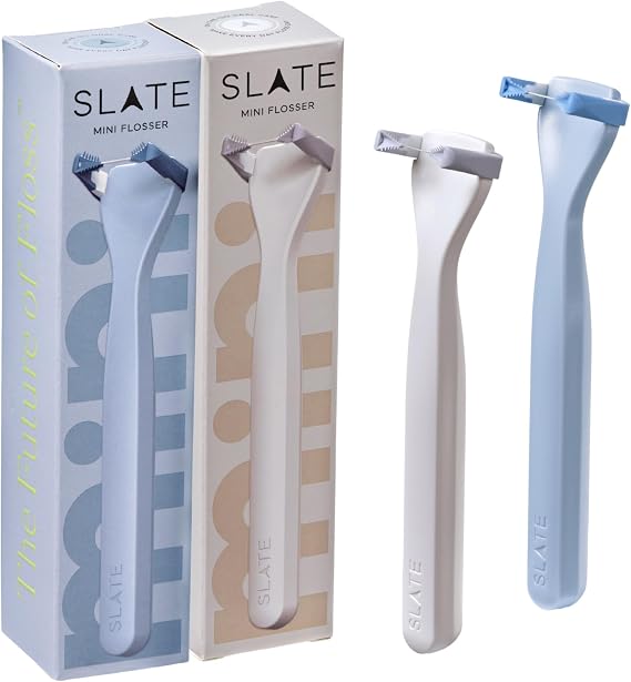 Slate Mini Reusable Flosser, 2 Flossers + 4 Reusable Heads, Blue & White
