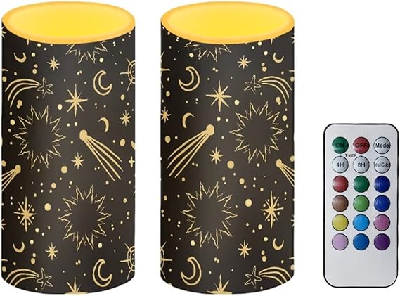 Cozeyat Star Moon Print Flickering Electric Tealights for Indoor Outdoor Decor,2 Pieces Flameless Votive Tea Lights,Real Wax Pillar LED Candles Battery Operated,Waterproof