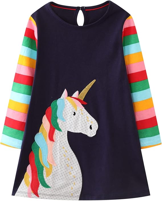 Girls Cotton Long Sleeve Casual Cartoon Appliques Striped Jersey Dresses