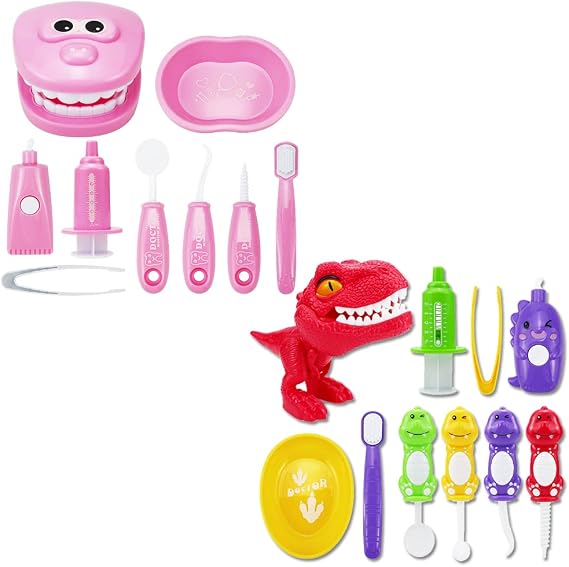 Bundle 19PCS = 9PCS Plastic Simulation Dentist Play Set (Pink) + 10PCS Plastic Dinosaur Simulation Dentist Play Set (Mixed Colors)