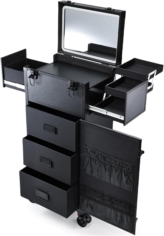 Makeup Case on Wheels with Drawers Beauty Trolley with Lighted Mirror