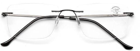 Men Progressive No Line Multifocus Rimless Metal Reading Glasses Tri-Focal Reader - Half Power On Top