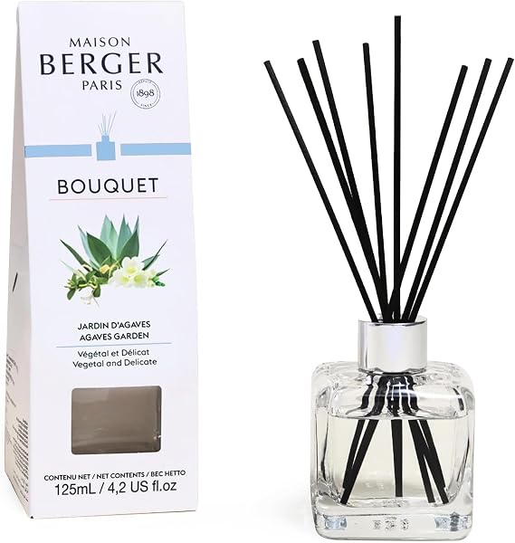 Reed Diffuser - Cube - Clear - Scented Bouquet with Reed Sticks - Prefilled with Lampe Berger Fragrance - 125 Milliliters - 4.2 Fluid Ounces (Agaves Garden)
