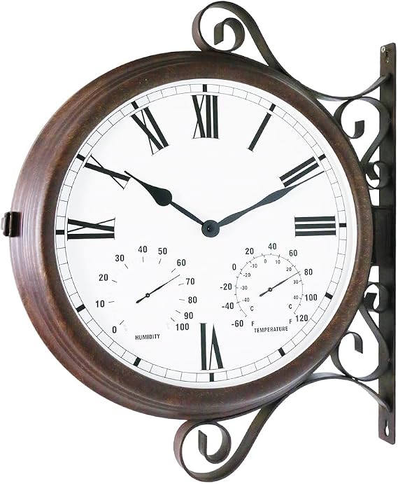 BESTIME MT-32 Three-in-one Double Sided Metal Wall Clock.Quiet,Easy Read,Antique Hanging Clocks,Garden,Indoor,Outdoor,Home Decor,Farmhouse,Station.