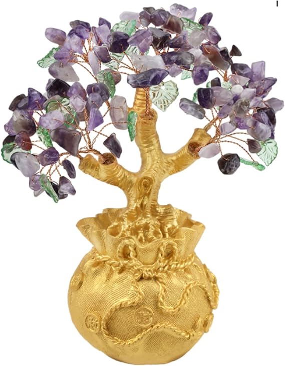 SYALEO 7 Chakra Crystal Money Tree with Golden Money Bag Base Feng Shui Gemstone Tree Bonsai Ornament for Home Decoration