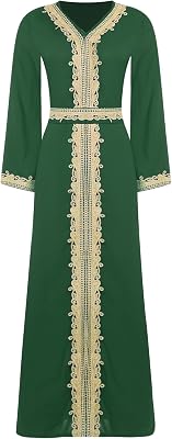 Agoky Muslim Kaftan Abaya Moroccan Dress for Womens Lace Belted Long Sleeve Dress Dubai Islamic Robe