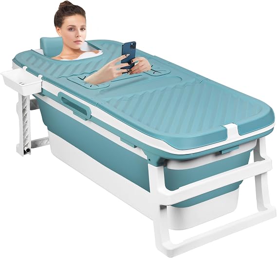 Portable Bathtub Adult 51'' Foldable Soaking Bathtub Large Thicken Tub with Lids Ergonomically Designed Ideal for Relaxing Hot Bath Ice Bath with Reached Out Hands Home Collapsible Spa Barrel (Blue)