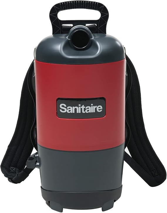Sanitaire EURSC412B Quiet Clean Backpack Lightweight Vacuum, 8.5 Amps Power, 21" Length x 10-1/2" Width x 10-1/2" Height, Black/Red,Chrome