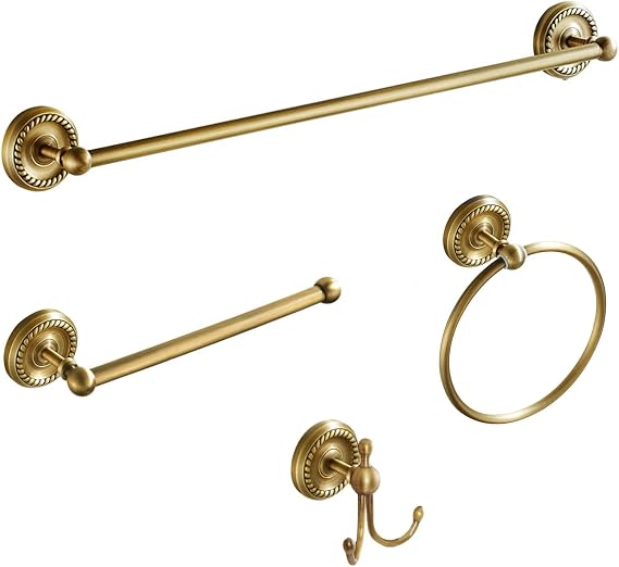 4 Piece Antique Brass Gold Bathroom Accessories Set - 24 Towel Holder, Antique Bar Brass Bath Accessories - Wall Mounted Bathroom Hardware Accessory Set