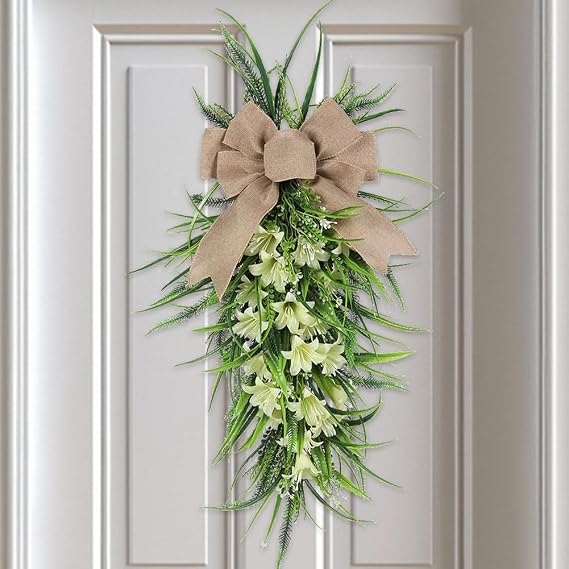 Artificial Spring Teardrop Swag,60 x 30cm White Lilies Teardrop Swag with Burlap Bow and Green Leaves,Spring Summer Front Door Teardrop Wreath,Easter Teardrop Wreath,Spring Home Decor