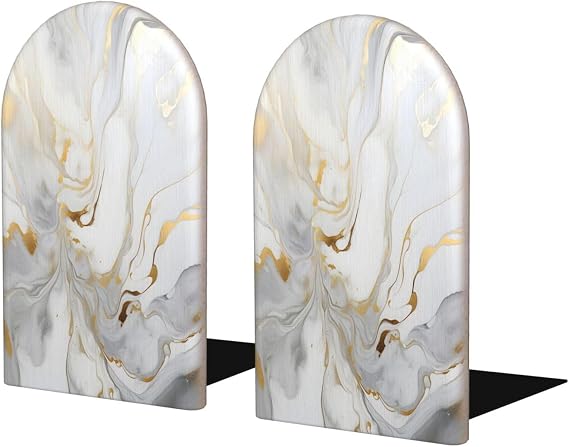 Decorative Bookends 2 Pcs White Golden Marble Print Wood Bookends for Shelves Heavy Books Kids Non-Skid Book Ends Stoppers for Office Desk Kitchen School