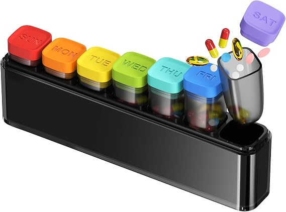 HIONXMGA Weekly Pill Organizer, Detachable 7-Color Pill Box, Easy Open