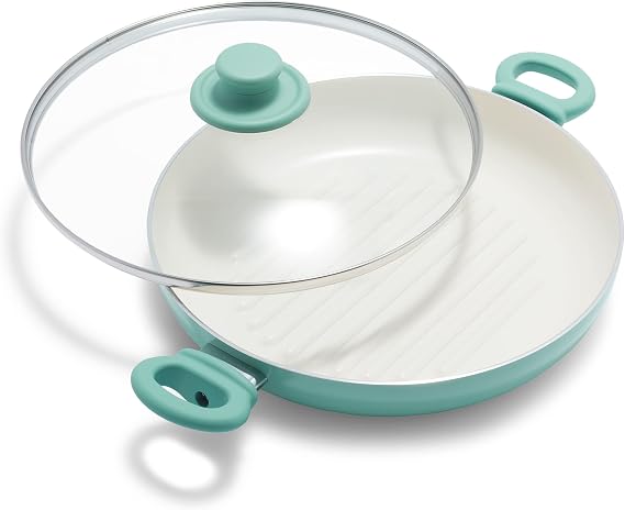 GreenLife 11 Healthy Ceramic Nonstick Grill Pan with 2 Handles and Lid, PFAS-Free, Rivetless Interior, Grill Ridges, Dishwasher Safe, Oven Safe, Turquoise