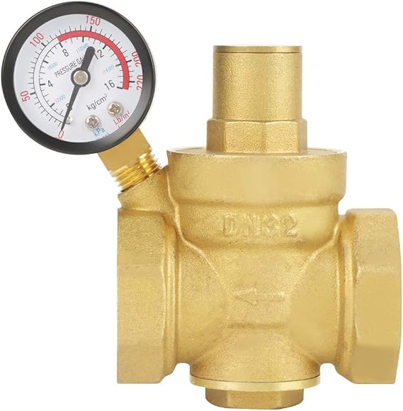 DN32 Brass Relief Valve Adjustable Water Pressure Reducing Regulator Reducer+Gauge Meter, Protect RV Plumbing and Hoses from High Pressure City Water