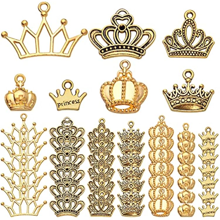 70pcs 7 Styles Crown Charms Pendant Alloy 3D Mini Lovely King Pendants Vintage Crown Bead Charms for Earrings Bracelets Necklace DIY Jewelry Making Supplies, 2 Colors