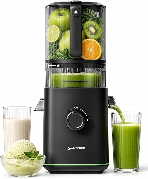 AMZCHEF Cold Press Juicer, 3-in-1 Self-Feeding Juicer Machine with 160mm Wide Feed Chute & 2.5L Large Hopper, Masticating Slow Juicer for Juice, Nut Milk & Sorbet, Quiet Motor, Quick-Release Design
