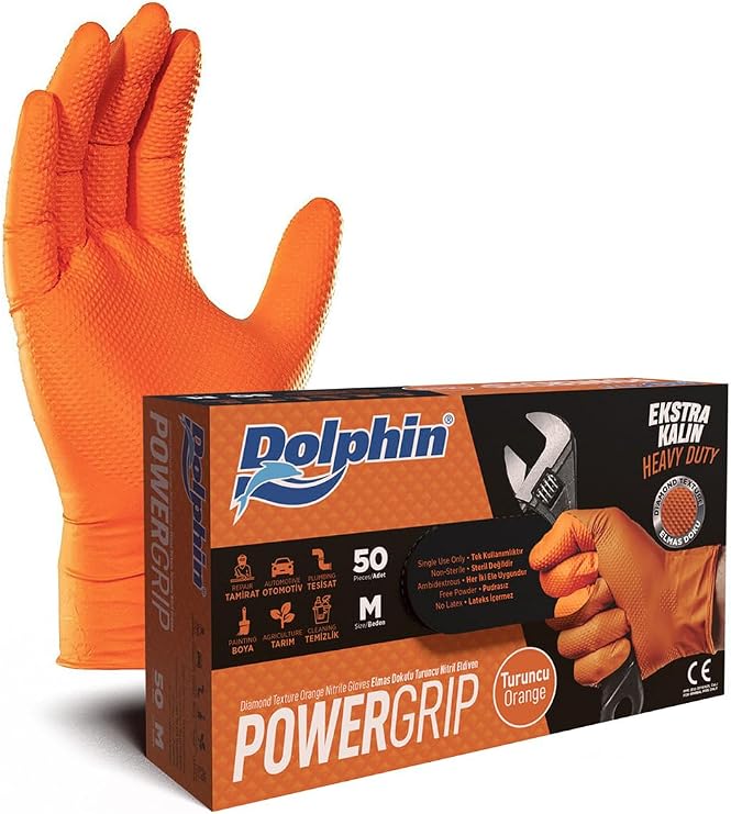 Dolphin PowerGrip Ekstra Kalın Turuncu Nitril Eldiven Elmas Dokulu M 50 Adet