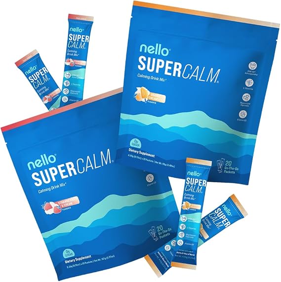 Nello Supercalm Drink Mix - Strawberries & Cream and Orange Creamsicle Ashwagandha KSM 66, Magnesium Glycinate & L-Theanine Supplement - Focus and Relaxation Support (2 x 20 Travel Packets)