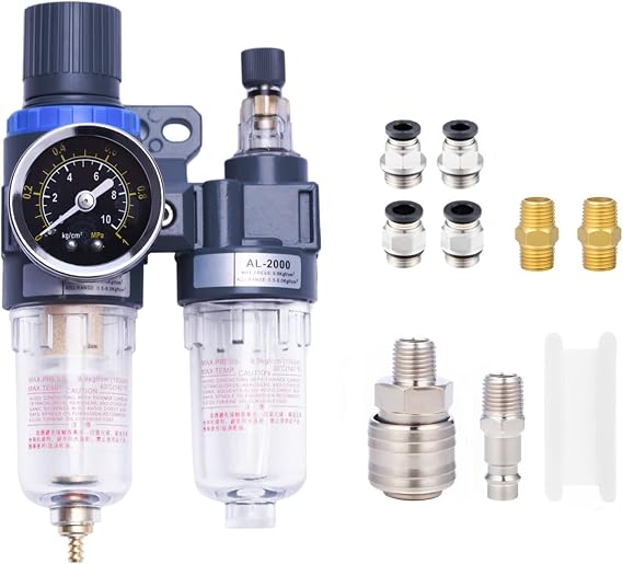 Compressed Air Water Separator with Oil Mist, Pressure Regulator for Compressor, 1/4 Inch Filter with Quick Coupling