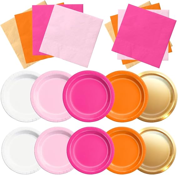 CMUSKO Pink and Orange Party Decorations - 60Pcs Sunset Tropical Plates and Napkins Pink Pumpkin Halloween Tableware for Birthday,Baby Shower, Bachelorette Party