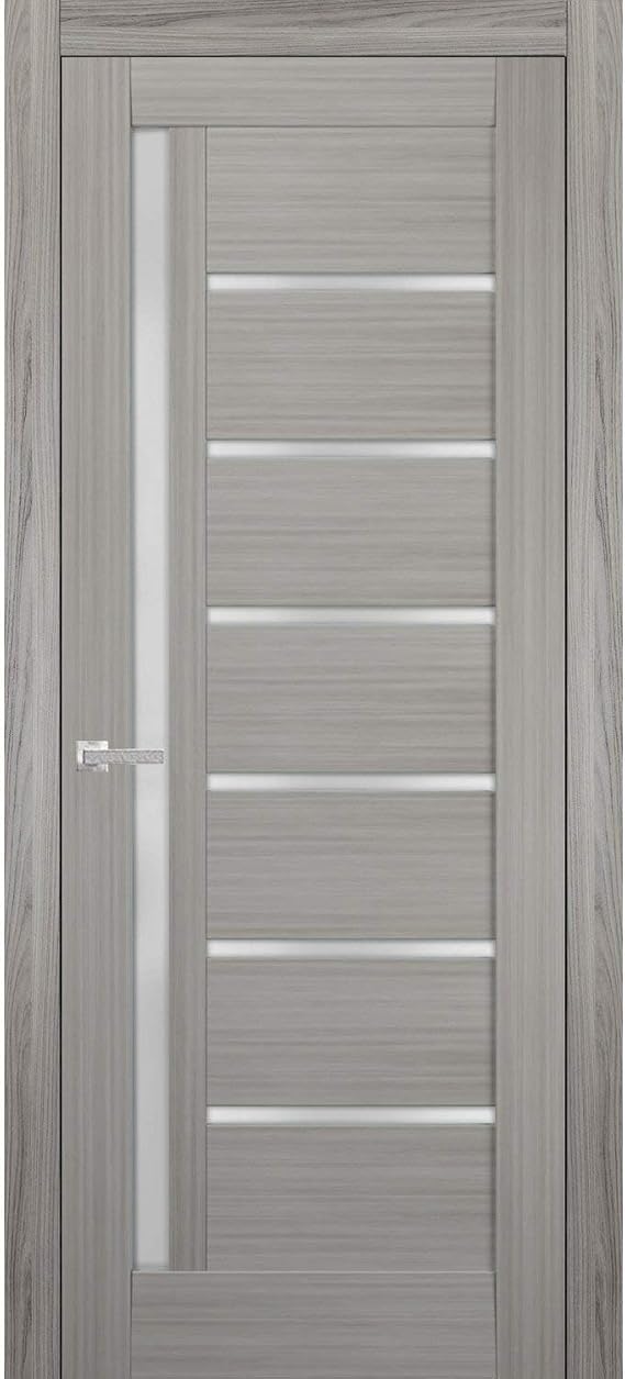Solid French Door Frosted Glass | Quadro 4088 Grey Ash | Single Regular Panel Frame Trims Handle | Bathroom Bedroom Sturdy Doors -24" x 80"