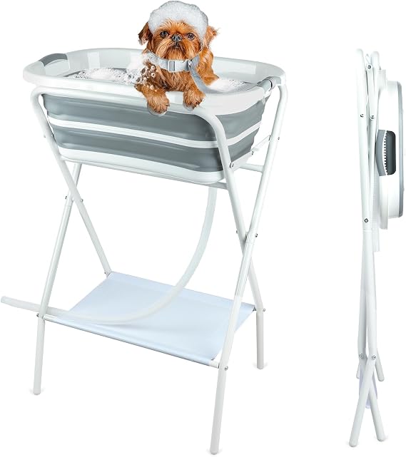 FHTONGE 2 in 1 Collapsible Elevated Dog Bathtub Station with Drain Collar