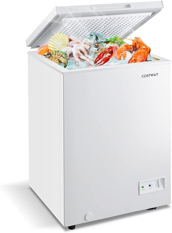 COSTWAY Chest Freezer, 3.5 Cu.ft Quiet Small Deep Freezer with Top Open Door & Removable Basket, 7-Grade Temperature Setting, Compact Freezer with Two Rolling Casters for Apartments, RV, White