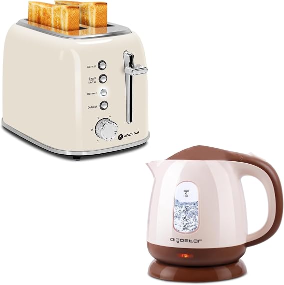 Aigostar Toaster 2 Slice, Retro Extra-Wide Slot Toasters and Small Electric Kettle, 1L Portable Electric Tea Kettle 1100W