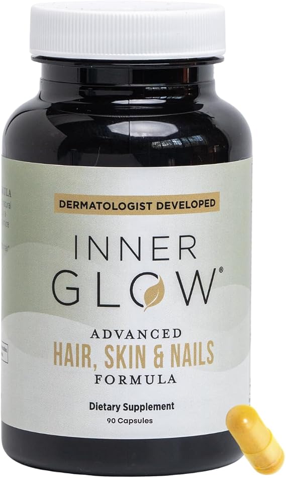 Inner Glow Advanced Hair, Skin & Nails Vitamins Doctor-Developed Hair Supplement with Biotin, Collagen Peptides, Vitamin D & B12 Clinically Tested 12-Week Results, Made in USA, Non-GMO
