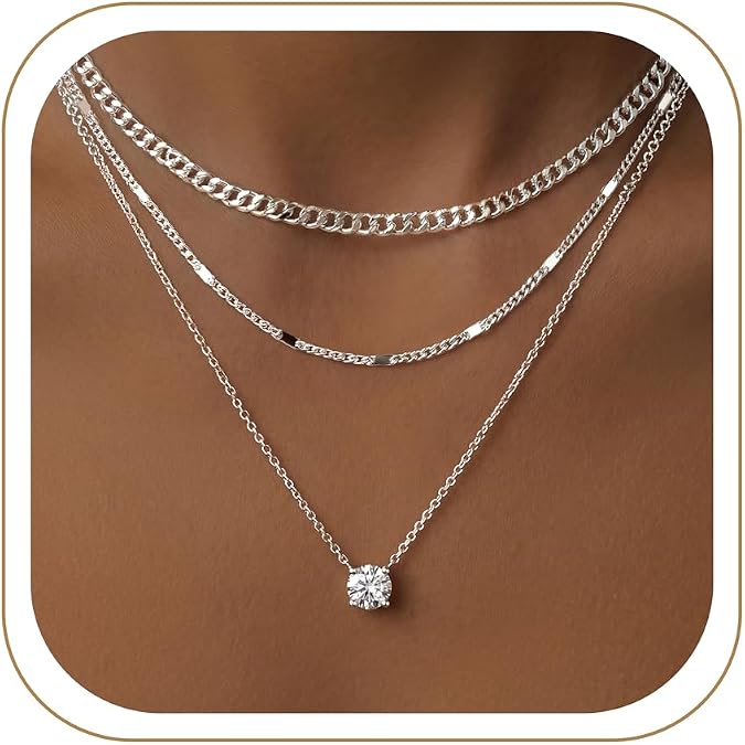 WomenGifts Layered Gold Necklaces for Women, 14K Gold Sterling Silver Plated Dainty Pendant Necklace Set Non Tarnish, Chunky Stackable Cuban Chain Choker, Trendy Birthstone Vacation Jewelry Gift