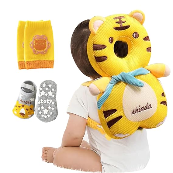 Baby Head Protector,Infant Fall Protection, Baby Head Protector Cushion Backpack with Baby Knee Pads Anti Slip Socks for Walking & Crawling (Yellow Tiger)