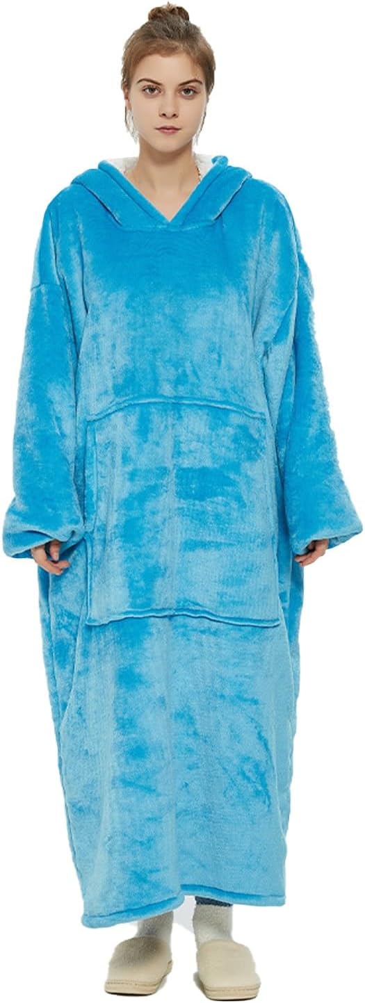 Wearable Blanket Sweatshirt Hoodie Warm and Cozy Blanket Hoodie TV Wrap Blanket Loungewear Long Sleeves Pocket (Color : Blue, Size : One Size)