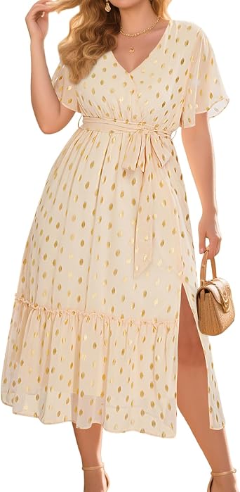 Women's Plus Size Dress for Wedding Guest - Semi Formal Cocktail Holiday Gold Dot Midi Dresses