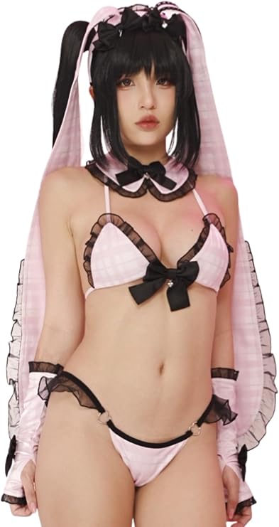 MOEFLAVOR Oversized Bunny Ear Ruffled Headband | Kawaii Anime Cosplay Accessory with Satin Bow, Matches Gyaru & Jirai Kei Outfits for Costume Parties, Holidays and Halloween
