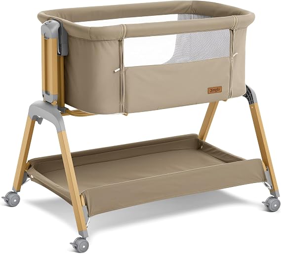 3-in-1 Baby Bassinet, Bedside Sleeper, Rocking Mode, Wheels (Khaki) | 5 heights, breathable mesh, comfy mattress with washable sheet, storage basket, tool-free setup, bedside or rocking use