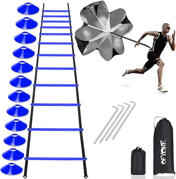 Speed Agility Ladder Training Set, 12 Rung 20Ft Agility Ladder, 12 Disc Cones, 4 Steel Stakes, Resistance Parachute with Carry Bag for Soccer Basketball Football Boxing Footwork Sports (Blue)