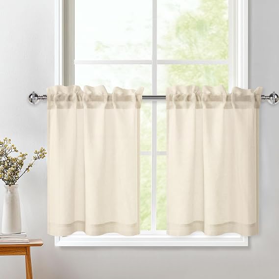 DWCN Beige Net Curtains 36Drop Rod Pocket Voile Curtain Small Cafe Curtains | W25 x L36 Inch, 2 Panel, Light Filtering Short Curtain for Kitchen Bathroom Wardrobe Nursery Window Treatment