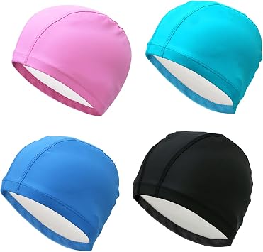 PU Waterproof Fabric Swimming Cap,Long Hair Swim Cap Shower Cap for Men Women,Set of 4