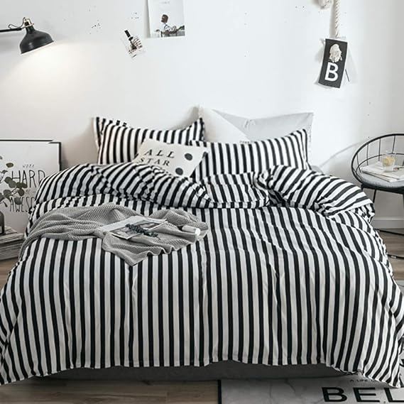 KAREVER Black White Striped Duvet Cover Set Queen Cotton Bedding Vertical Ticking Stripes Pattern Printed 3 Pieces Comforter Cover Set