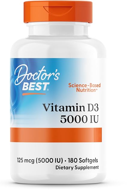 Doctor's Best Vitamin D3 5000IU High Dosage Depot Weekly Dose 180 Soft Capsules Laboratory Tested Soy Free Gluten Free GMO Free