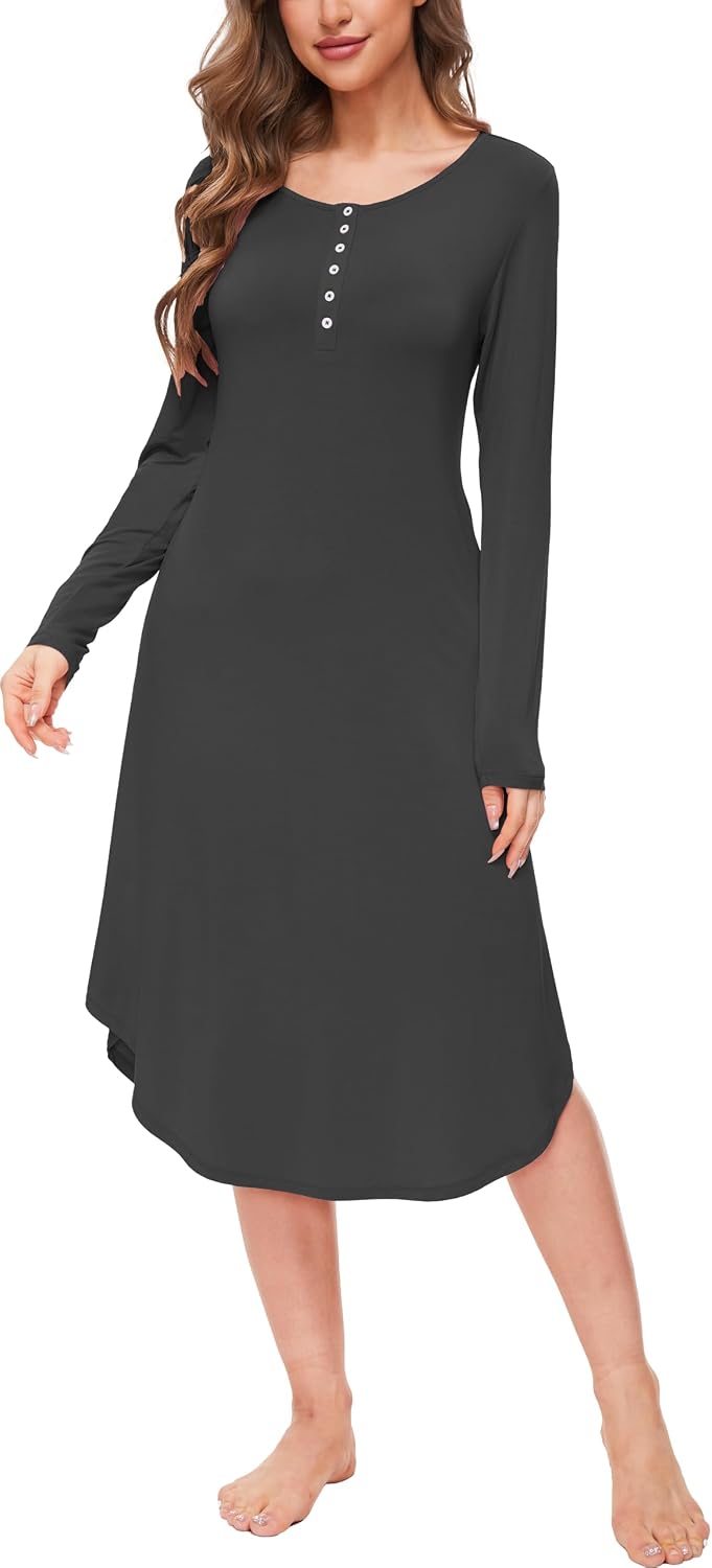 GYS Viscose Nightgowns for Women Soft Long Sleeve Sleep Shirt with Pockets Crewneck Nightdress Sleepwear