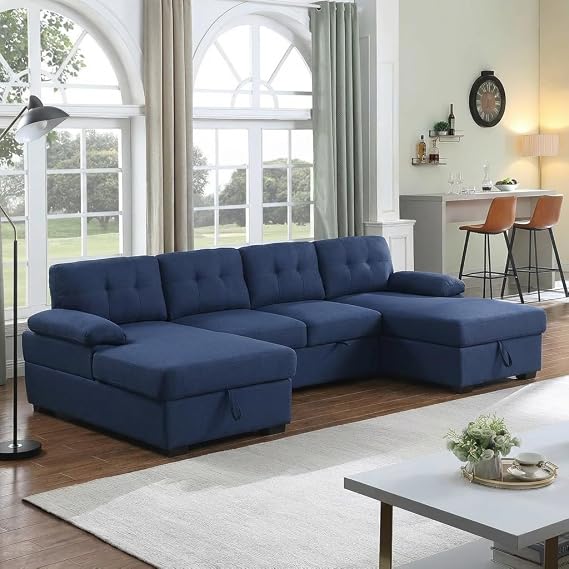 120" U-Shaped Sectional Sleeper Sofa with Pull Out Bed & Storage Chaise Lounge, Convertible Sofa Bed Couch, Functional Modular Sectional Sofa for Living Room Apartment (Dark Blue, 4 Seats Sofa Bed)