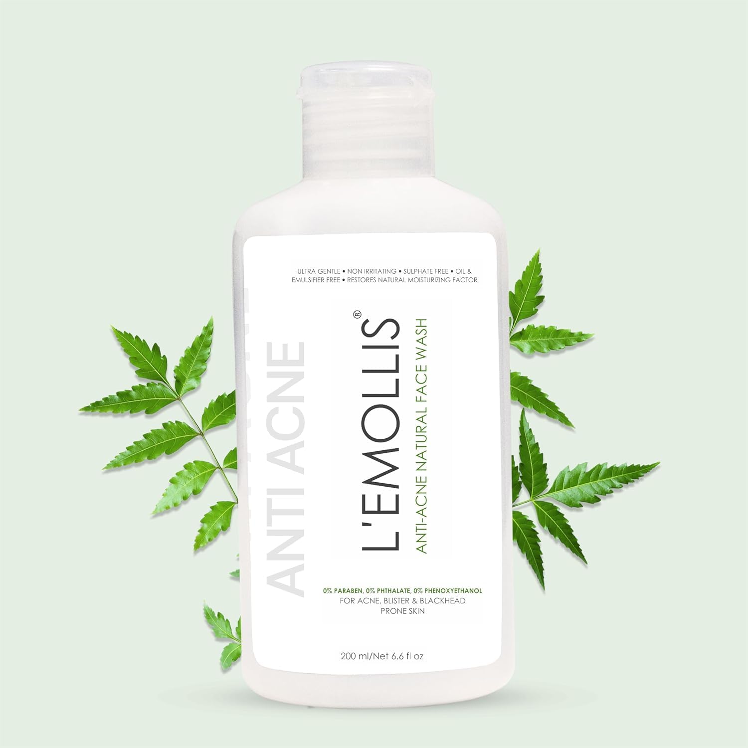 Lemollis Anti-Acne Natural Face Wash for Oily Sensitive Acne Prone Skin Ultra-Gentle Oil & Emulsifier Restores Natural Moisture of Face | Soap Free Clarifying Neem Face Wash | 200ml