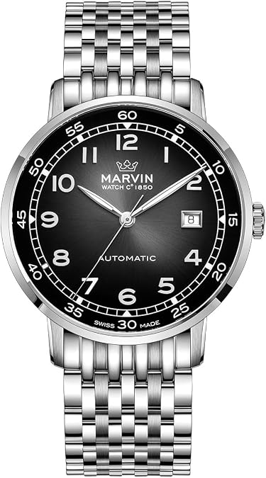 marvin Swiss Automatic Movement Watches for Men Casual Men's Watch with Stainless Steel Strap,Sapphire Glass Dial,Luminous Hands and Hour Markers,50m Waterproof