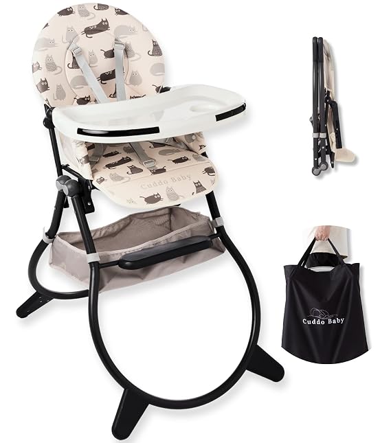 CuddoBaby Purrfect High Chair for Babies & Toddlers, Foldable Highchair with Weld-in-One Stable Base, 5-Point Harness, Large Adjustable Tray, Storage Bag, Waterproof PU Leather, Unisex - Friends